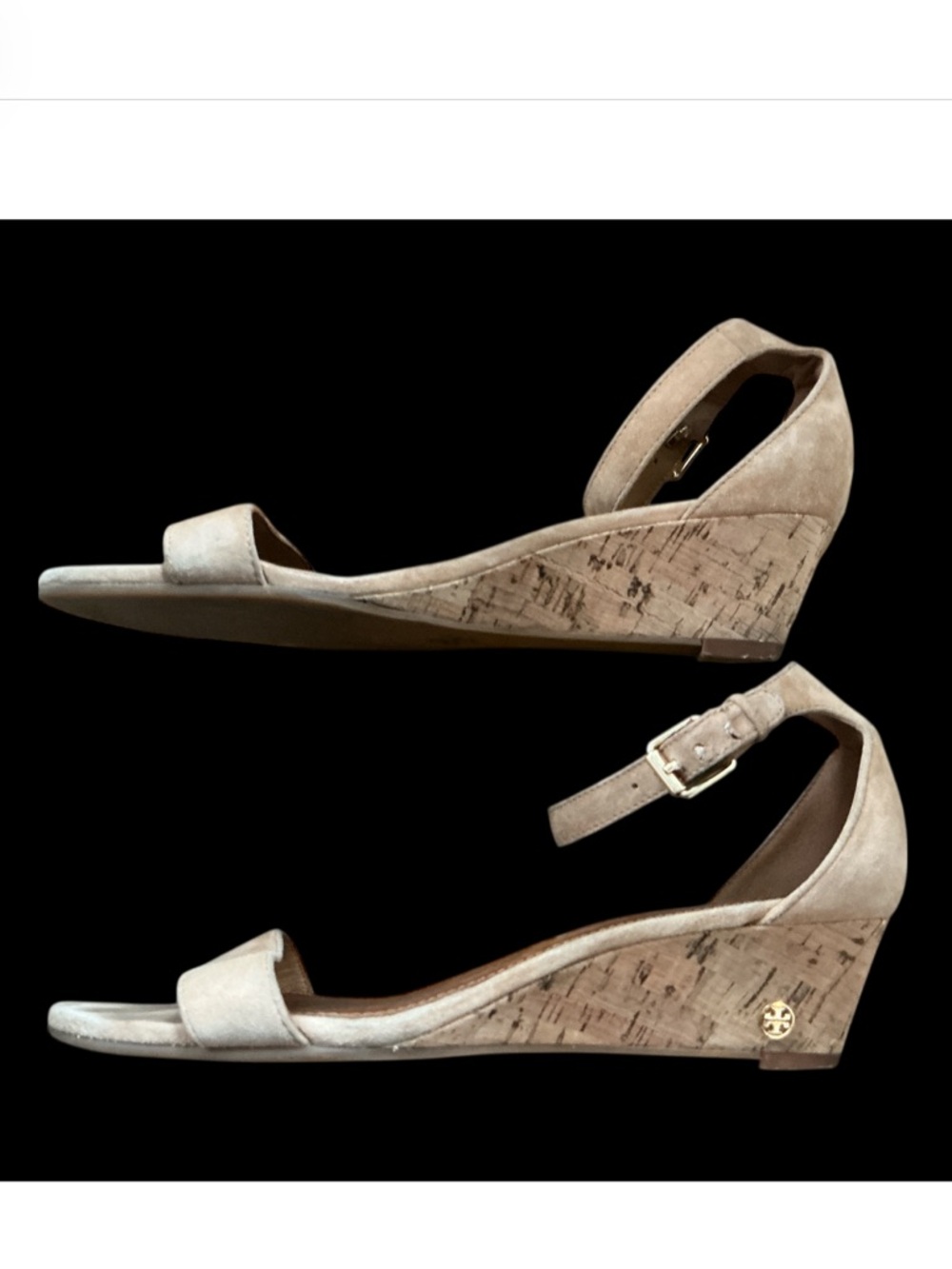 Tori Burch Women's Tan Suede Ankle Strap Wedge Sandals Size 9 Beige